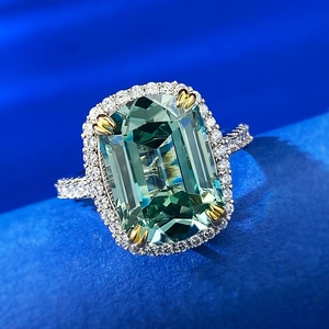 S925 silver ring with 10x14mm emerald cut green gemstone and halo pavé diamonds