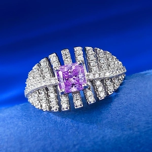 S925 silver ring featuring 5mm square purple gemstone with radiant micro-paved diamonds
