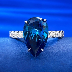 Lussuoso Anello in Argento Sterling S925 Blu Reale Taglio a Pera Goccia d'Acqua per Donna con Strass Intarsiati Gioielli