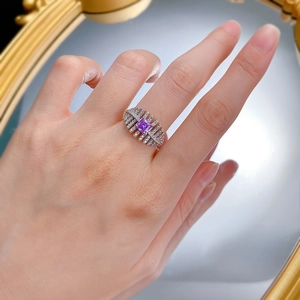 S925 silver ring with square purple stone and pavé accents on wide镂空 band