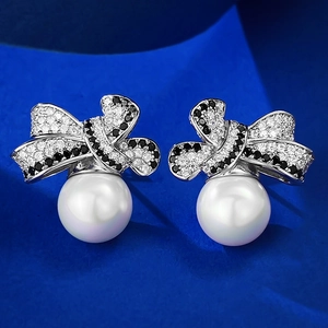 Elegant Bowknot Artificial Pearl Stud Earrings With 925 Sterling Silver Earring Post Black White Zirconia Inlaid Jewelry For Women