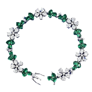 S925 sterling silver flower bracelet with white petals and green crystal leaves