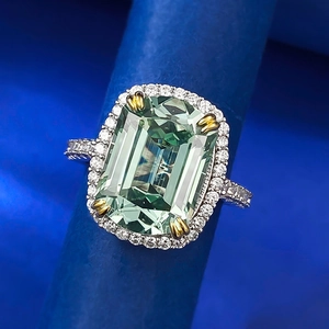 Luxurious S925 silver ring with 10x14mm emerald cut green tourmaline and pave diamonds