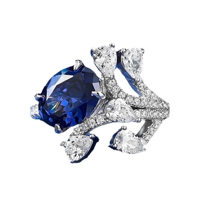 S925 silver ring featuring oval blue stone and pear-cut zircon accents on a white background