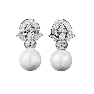 Elegant 925 silver vintage style 11mm synthetic pearl earrings with sparkling gemstones