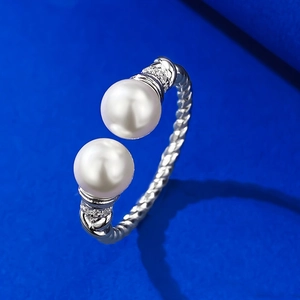 Minimalist S925 silver double pearl open ring with rope twist band and crystal accents