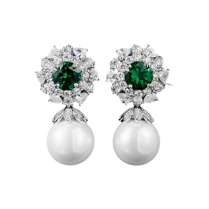 Elegant 925 silver earrings with green emerald zircon and a 12mm round white pearl drop
