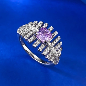 Luxurious S925 sterling silver ring featuring square purple zircon and paved side diamonds