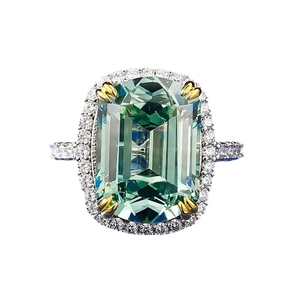 S925 sterling silver ring with 10x14mm emerald-cut green stone and pavé accents