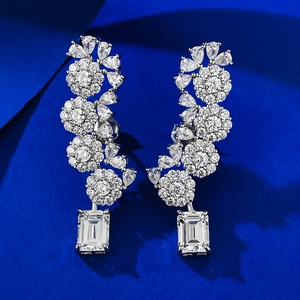 Elegant S925 silver floral drop earrings with emerald cut zircon dangles for bridal wear