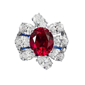 Elegant S925 silver ring featuring a large oval red ruby center in a floral halo design