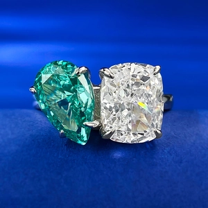 925 Sterling Silver Toi Et Moi Ring For Women Pear Cut Green Simulated Paraiba Cushion Cut White Rhinestone Open Finger Ring Jewelry