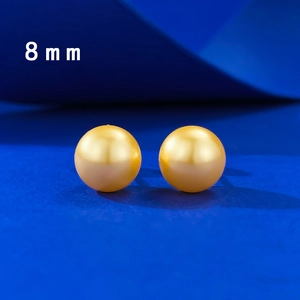 Classic 8mm golden round pearl stud earrings in S925 sterling silver for daily elegance