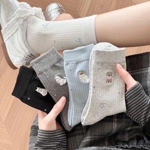 Chaussettes Slouch Mignonnes de Dessin Animé Brodées pour Femmes Coton Peigné Style Preppy Nervurées Motif Chat Chien Nœud Filles