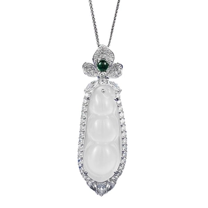 Collana in argento S925 con pendente a fagiolo in calcedonio bianco e pietre verdi