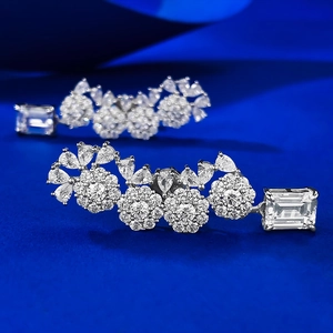 Elegant S925 silver flower stud earrings with multi-shape zircons on blue velvet