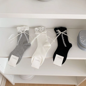 Detail of Korean style polka dot mesh ruffle socks with bows in black, white and grey