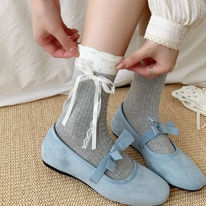 Polka dot ribbon bow socks with grey vertical stripes in blue Mary Jane shoes