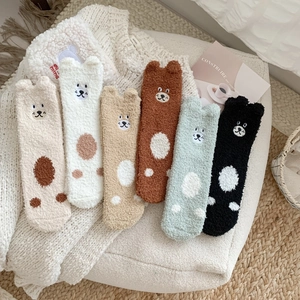 Women Coral Fleece Socks With 3D Bear Ears Thickened Cartoon Fuzzy Warm Sleep Socks For Autumn Winter Home Wear