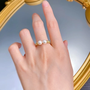 Minimalist S925 silver open ring with double 6mm pearls and woven gold texture
