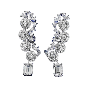 Luxurious S925 silver flower earrings with emerald-cut crystals and pavé diamonds