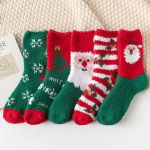 Women Winter Thick Warm Coral Fleece Christmas Socks Jacquard Pattern Santa Claus Snowflake Holiday Home Floor Socks