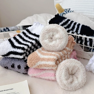 Striped coral fleece socks for women in fluffy warm material for autumn and winter
