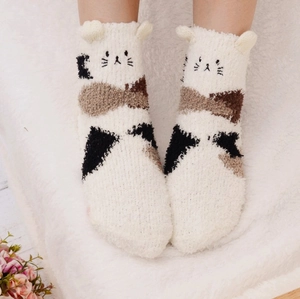 Chaussettes chat calicot en polaire, chaussettes de nuit épaisses et douces pour femme