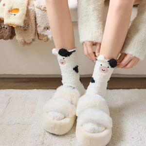 Warm coral fleece socks for women featuring cute cartoon animal embroidery and 3D ears