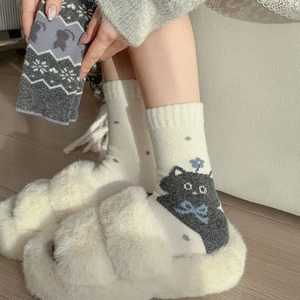 Chaussettes d'hiver en laine Fair Isle avec motif chat mignon et nœud bleu en gris et blanc