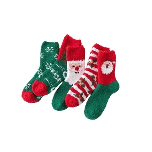 Thick coral fleece Christmas socks with Santa and Merry Christmas patterns in red and green