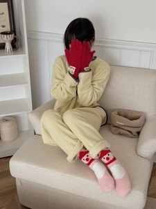 Pink coral fleece socks with cute cartoon beaver design for warm winter home wear