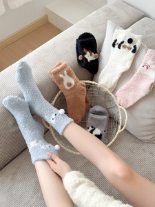 Thick coral fleece thermal socks with cartoon animals and 3D plush balls for winter
