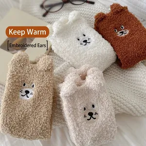Thick coral fleece bear socks with 3D ears, cozy winter thermal sleeping socks for women