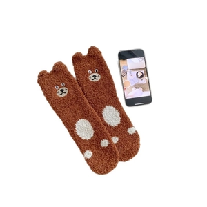 Thick warm coral fleece socks with cute cartoon bear ears and white paw print design
