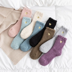 Women Thickened Coral Fleece Sleep Socks Sweet Heart Embroidered Fuzzy Mid Tube Floor Socks Warm Winter Indoor Hosiery