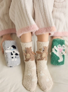 Detailed texture of thick coral fleece socks with cute cartoon animal 3D hand designs