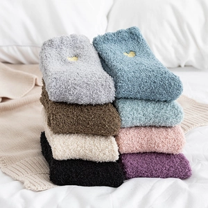 Thick coral fleece socks for women in 8 colors with golden heart embroidery detail
