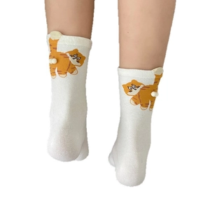 Funny cartoon white cat socks with cute 3D pom-pom tail and orange kitty print for women