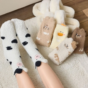 Women Cartoon Animal Embroidery Coral Fleece Socks Thickened Warm Mid Calf Sleep Floor Socks Soft Cozy Home Stockings