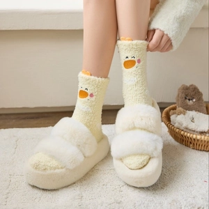 Winter coral fleece socks with cute cartoon embroidery and cozy plush slippers set