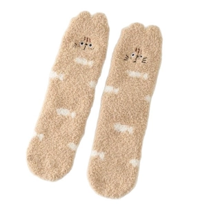 Brown coral fleece winter socks with cute cartoon cat embroidery and white stripes