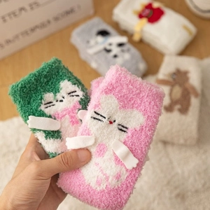 Cozy cartoon animal coral fleece socks for women, thick winter warm thermal sleep socks