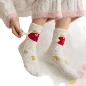 Thick coral fleece socks for women featuring cute french fries embroidery for home wear