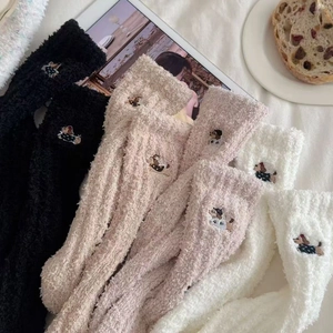 Thick coral fleece mid-calf socks with dachshund embroidery in black, khaki and beige