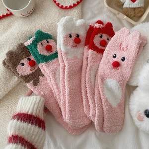 Women Winter Thick Warm Coral Fleece Socks Cartoon Reindeer Beaver Embroidered Mid-Tube Home Sleeping Plush Fluffy Socks