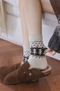 Detail showing elastic rib cuff of wool socks with Fair Isle pattern and heart motifs