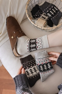 Detailed knit texture of Fair Isle wool socks with winter tree and heart patterns