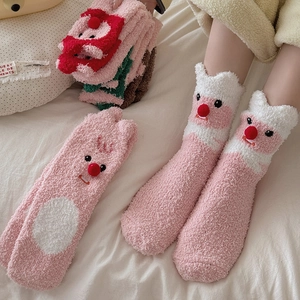 Pink coral fleece socks featuring cute cartoon beaver design for warm winter loungewear