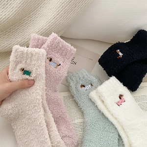 Warm Coral Velvet Socks For Women Cute Cartoon Dachshund Dog Embroidery Thick Plush Home Floor Sleep Socks Soft Winter Socks